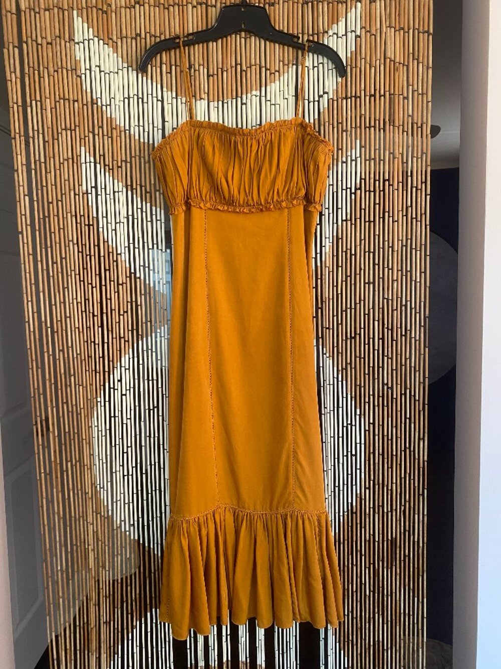 Cinq a Sept marigold yellow ruched top flare bottom midi dress